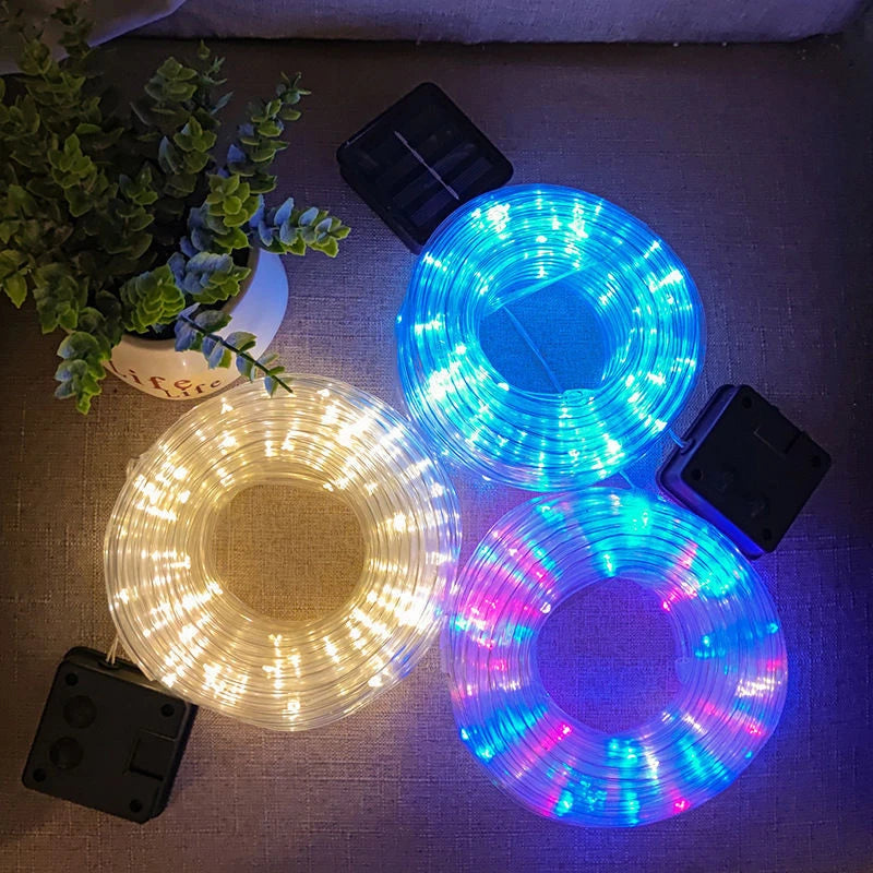 Solar string lights, outdoor tube rope lights, waterproof tube lights for outdoor home, garden, parties, and decorations. LED outdoor lights.