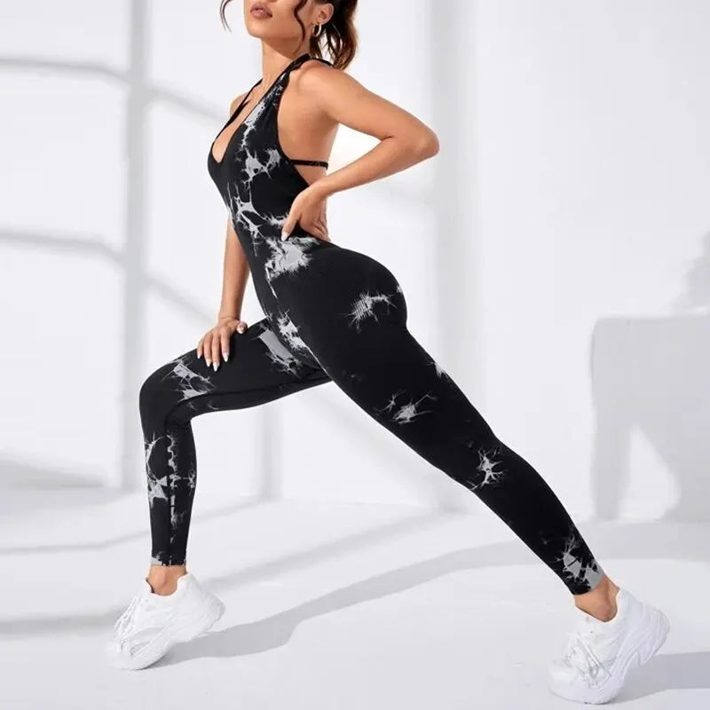 Sexy dos nu fronde femmes pleine saisons décontracté Fitness sport combishort sans manches mince vêtements de sport tout en un combinaison vêtements