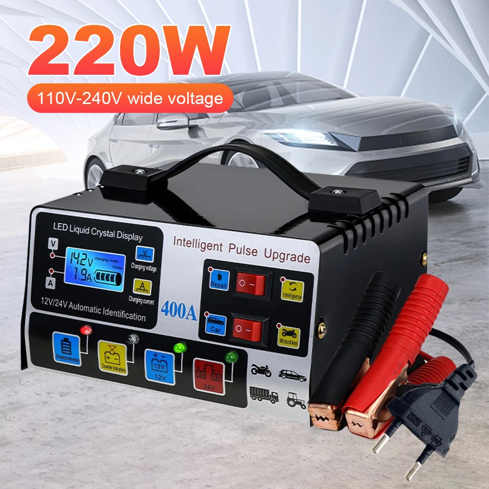 High-power car battery charger, fast charger, intelligent pulse repair, automatic shut-off, 400A, 12V, 24V, 220W