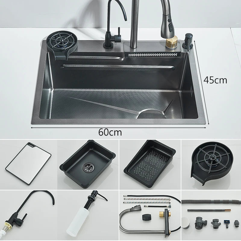 Évier de cuisine cascade en acier inoxydable 304, grand fente unique intégrée, ensemble de robinets 60x45cm, distributeur de savon/eau Pure/laveuse de tasses