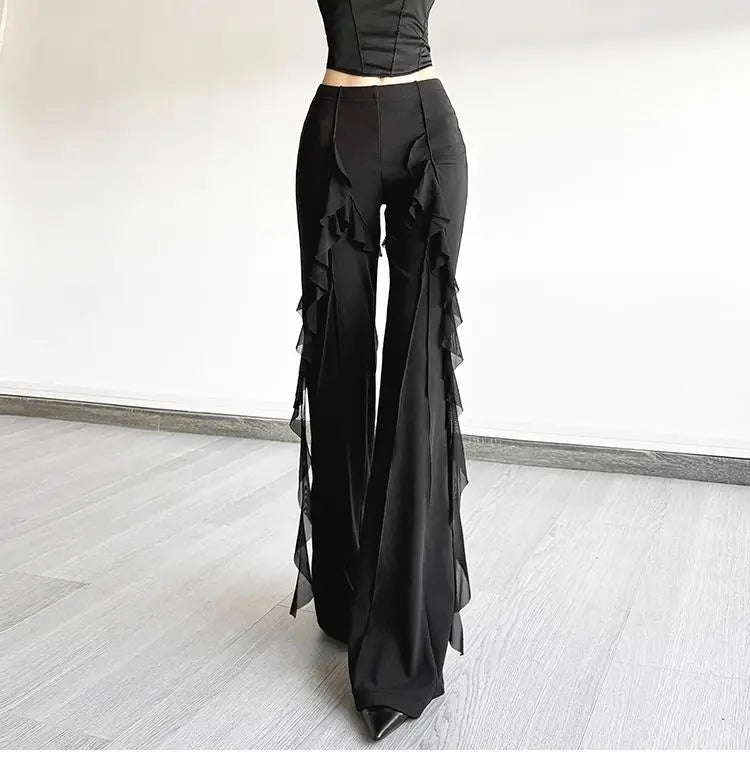 Women's high-waisted bootcut trousers, retro style, ruffled seams, with a sense of design, slimming trousers