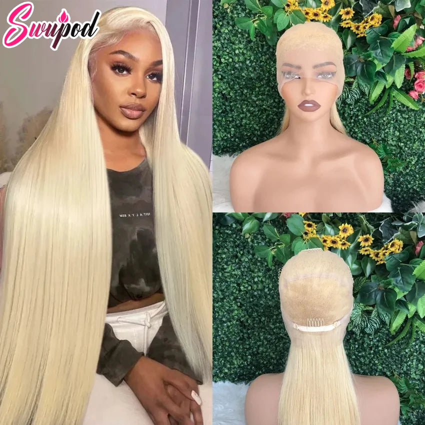 Perruque Lace Front Wig 100% naturelle, cheveux lisses, blond 250, pre-plucked, sans colle, densité 613, HD, ultraviolets