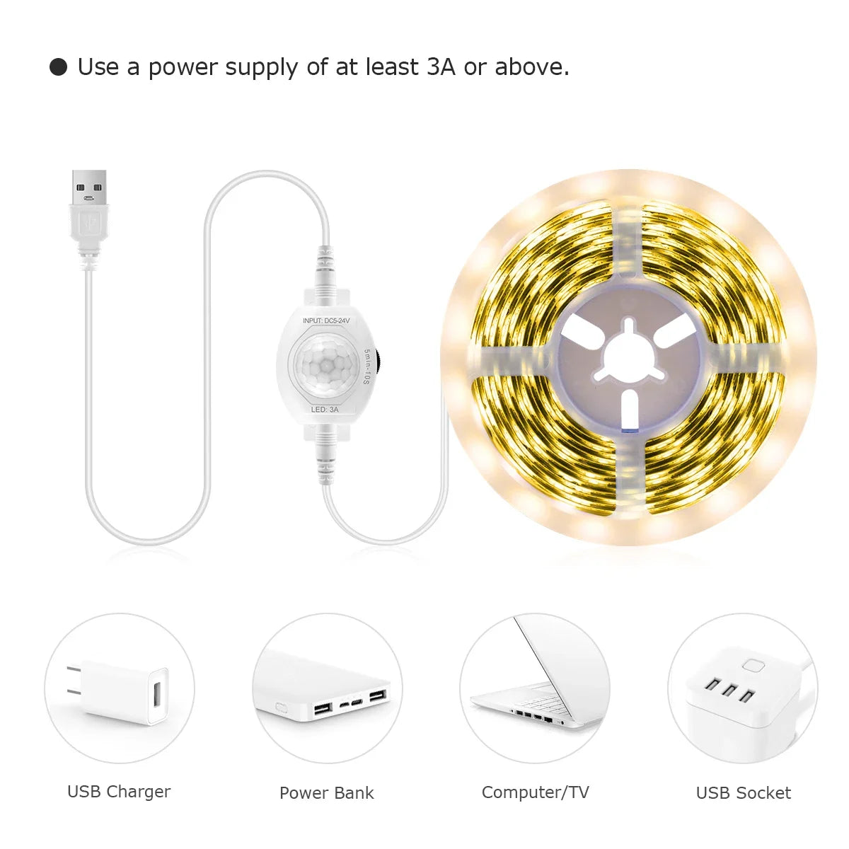 Bande lumineuse LED USB 5V, étanche, SMD2835, avec capteur de mouvement PIR sensible, temps de retard réglable pour cuisine, chambre à coucher, couloir