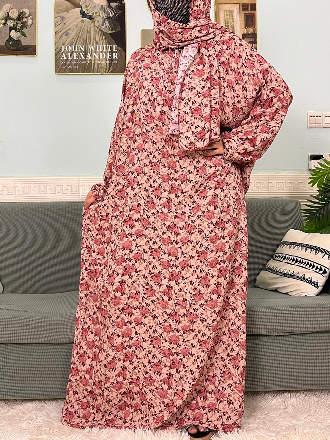 Abayas musulmanes en coton pour femmes, vêtement de prière traditionnel à fleurs pour Ramadan, Caftan africain, Marocain, Robe connectée, foulard