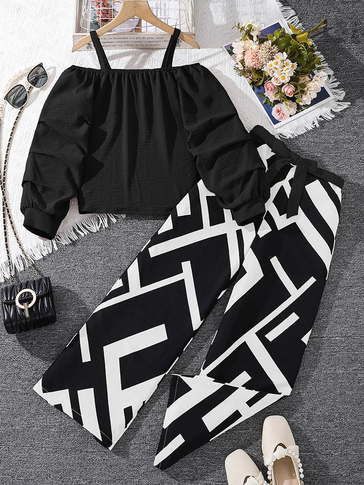 Ensembles de vêtements pour enfants pour filles, kaki, épaules dénudées, haut à manches longues et pantalon imprimé à rayures, costumes pour enfants de Style station d'été OOTD