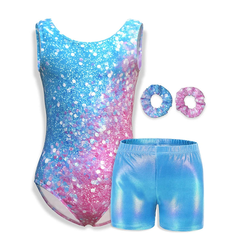 Justaucorps de gymnastique pour filles, vêtements de danse pour enfants avec short assorti, bandeau pour enfants