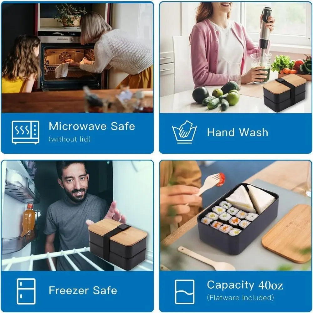 Boîte à Déjeuner Synchronisée avec Couvercle en Bois pour Pique-Nique, Micro-ondes, Bento Japonais, Portable, Double Couche, Récipient Alimentaire pour Enfants, 1200ml