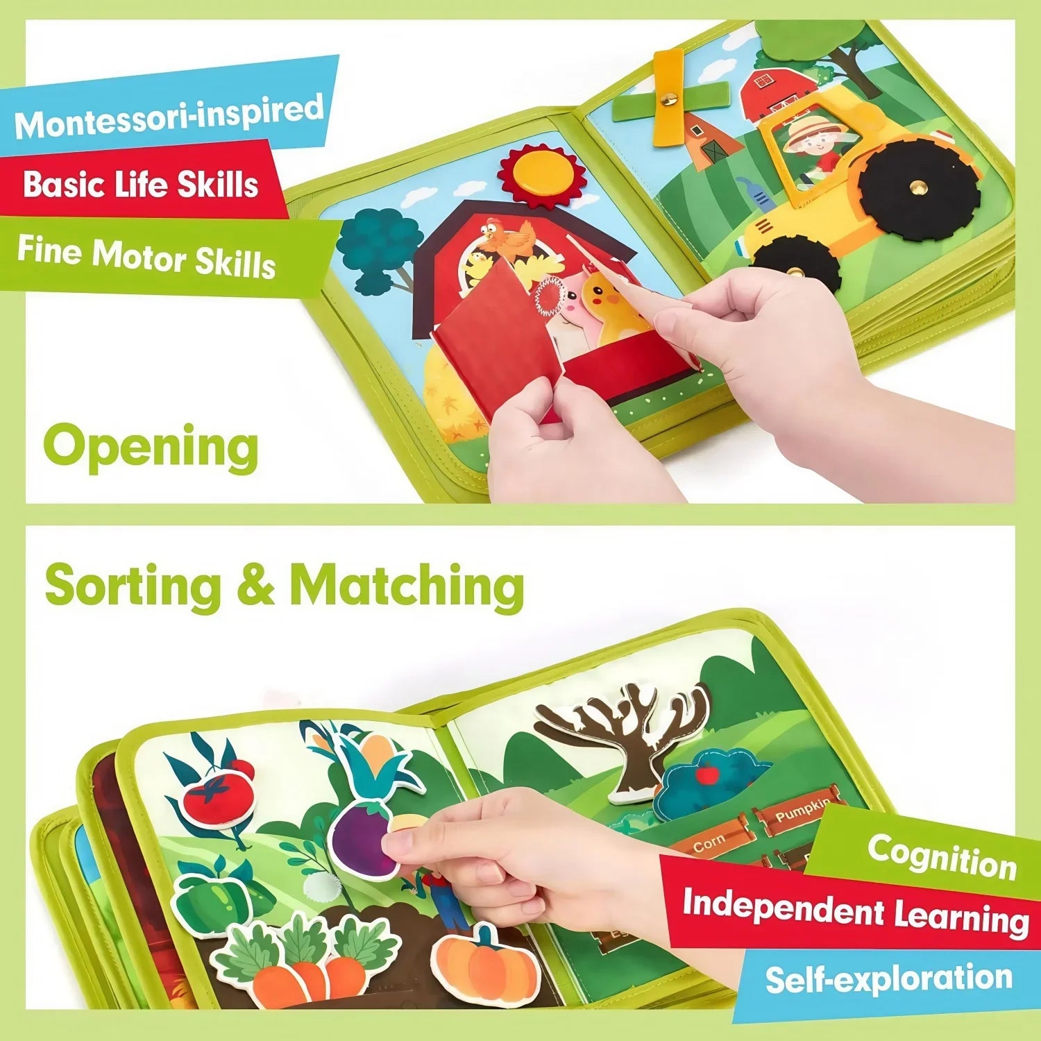 Livre silencieux Montessori – Jouet d'activité pour animaux de ferme avec conte pour les tout-petits, apprentissage précoce des motricité fine