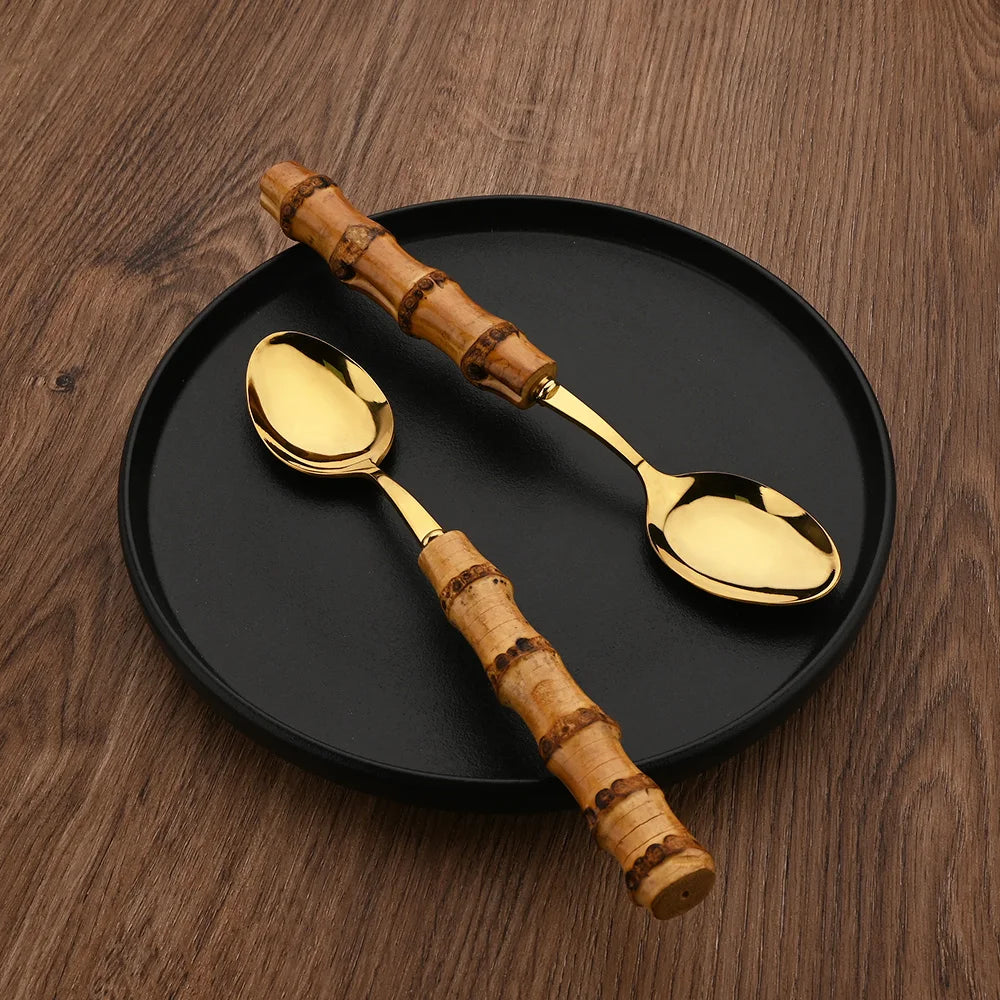 Couverts en acier inoxydable avec manche en bambou naturel, 24 pièces, service de table, couteau à steak
