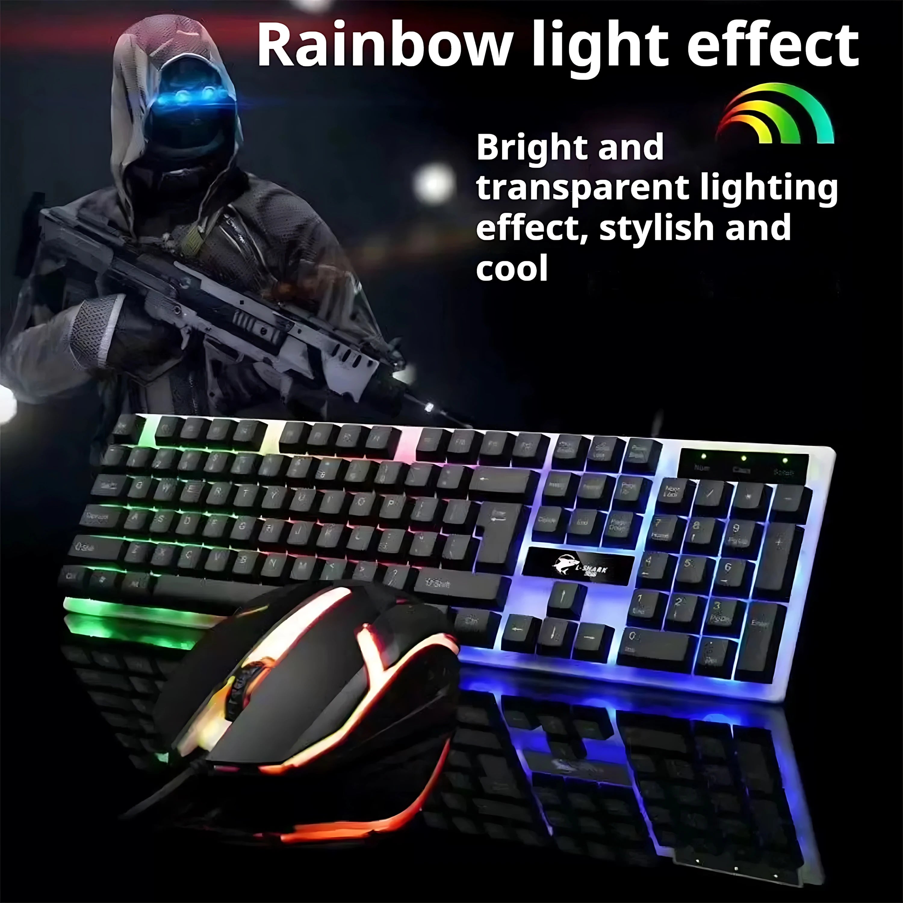 Clavier et souris filaires rétroéclairés arc-en-ciel, capuchons de touches flottants, clavier solide, résistant à l'usure et au toucher confortable pour le bureau d'affaires
