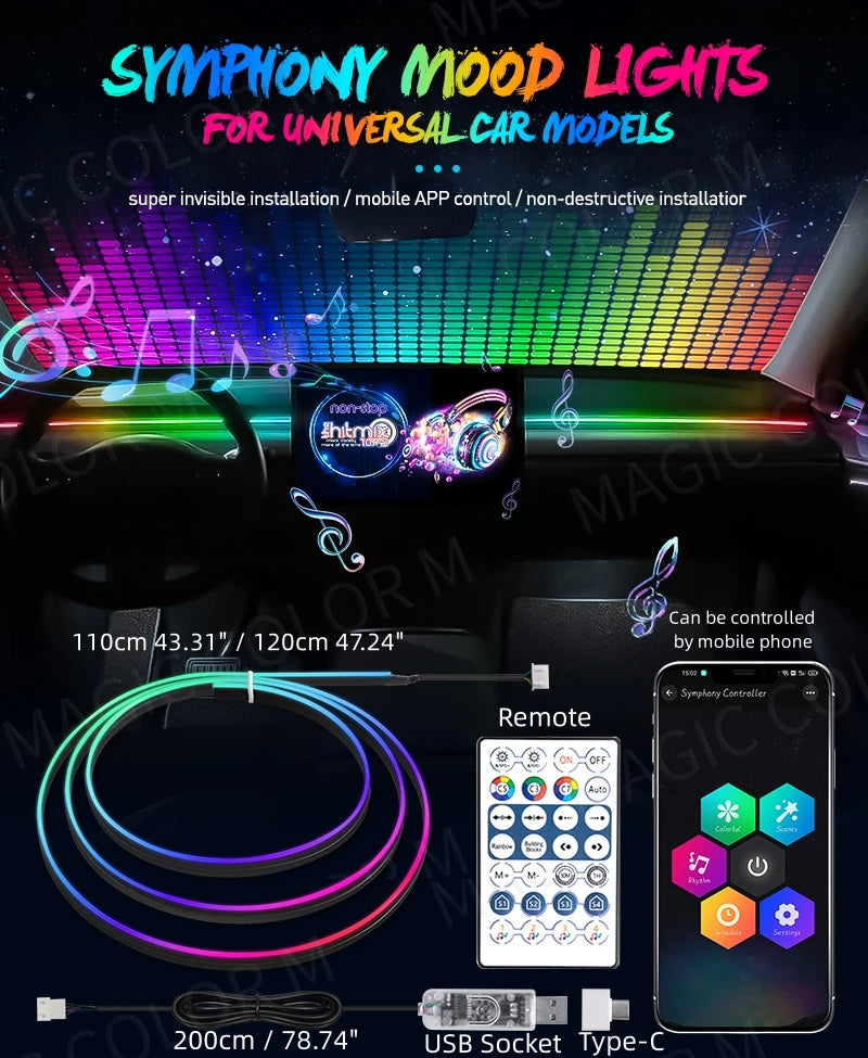 Vegetting 140cm lumières d'ambiance de voiture LED intérieur RGB symphonie atmosphère lampe USB APP contrôle à distance pour Tesla modèle 3 Y S X