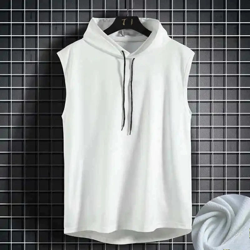 Hommes cravate col à capuche sans manches gilets mâle été ample solide Hip Hop t-shirt hauts