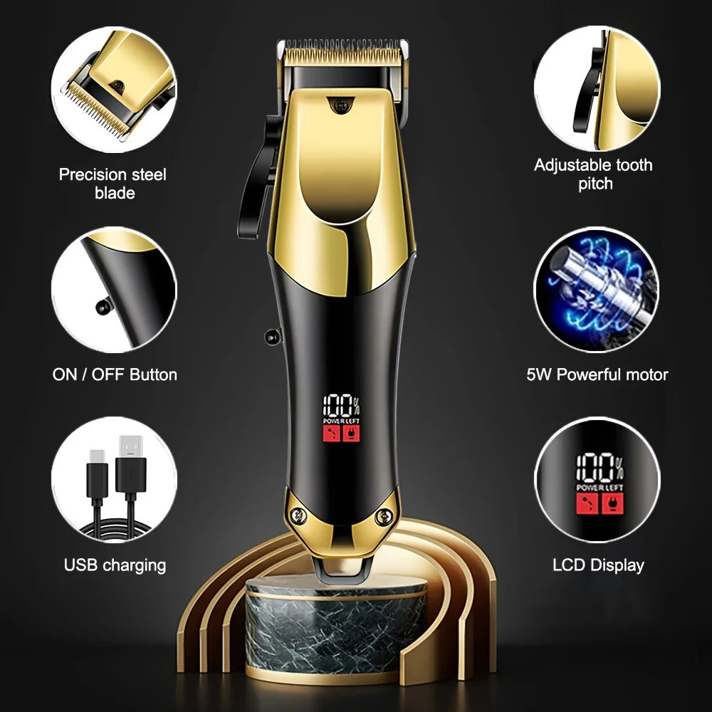 Kit de toilettage pour hommes, ensemble de 3 pièces, tondeuse à cheveux dorée noire avec écran LCD, rechargeable par USB, 8 peignes de guidage, tondeuse et rasoir