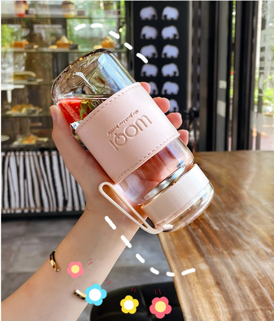 Bouteille en verre Portable de 340ML et 480ML, mignonne, résistante à la chaleur, pour boire de l'eau froide, du jus de thé, avec couvercle à vis, filet filtrant facile à transporter