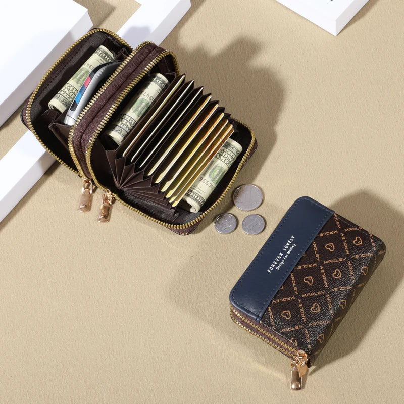 Mini faux leather wallet with double zipper, compact classic pouch, multiple card slots, matching pocket, RFID protection, chic 