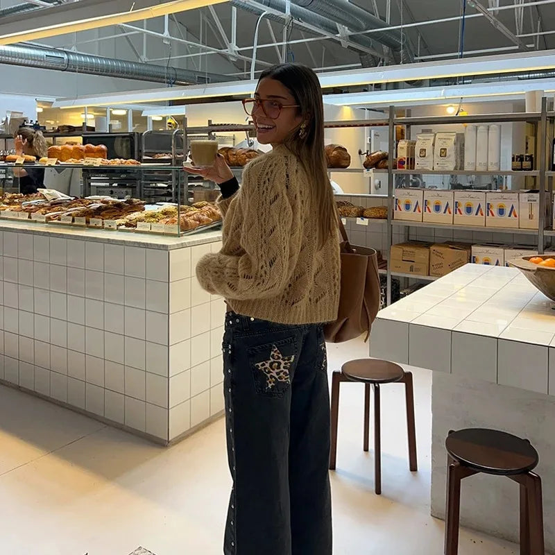 Y2K Vintage jean Flash argent étoile motif métal Rivet jean femme Baggy décontracté jambe droite Denim pantalon Simple femmes vêtements