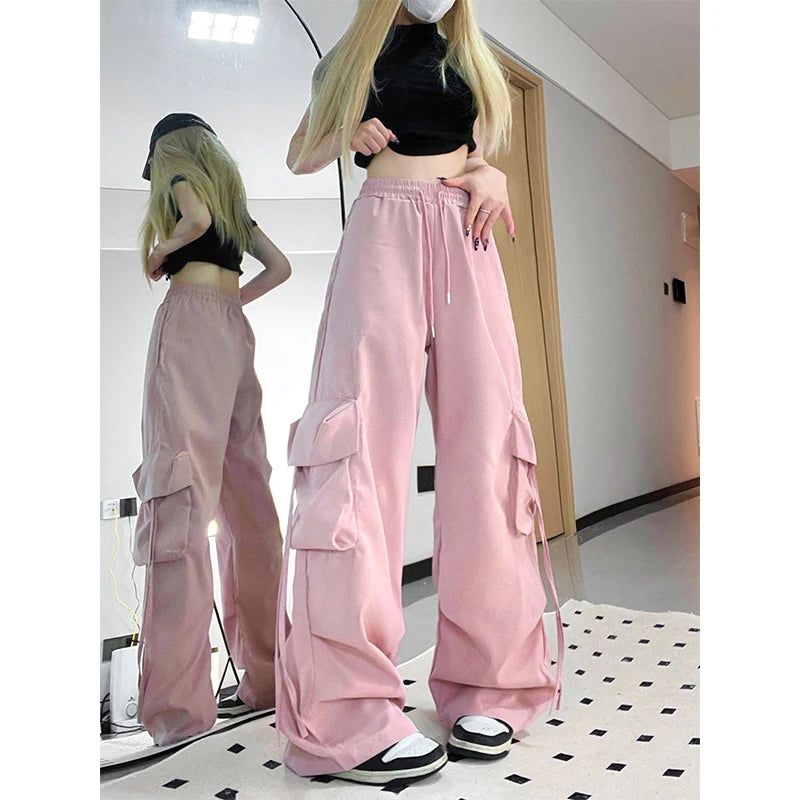 Y2K Cargo pantalon femmes Streetwear surdimensionné jambe large pantalons de survêtement Harajuku grandes poches Joggers Bf taille haute Baggy sport pantalon