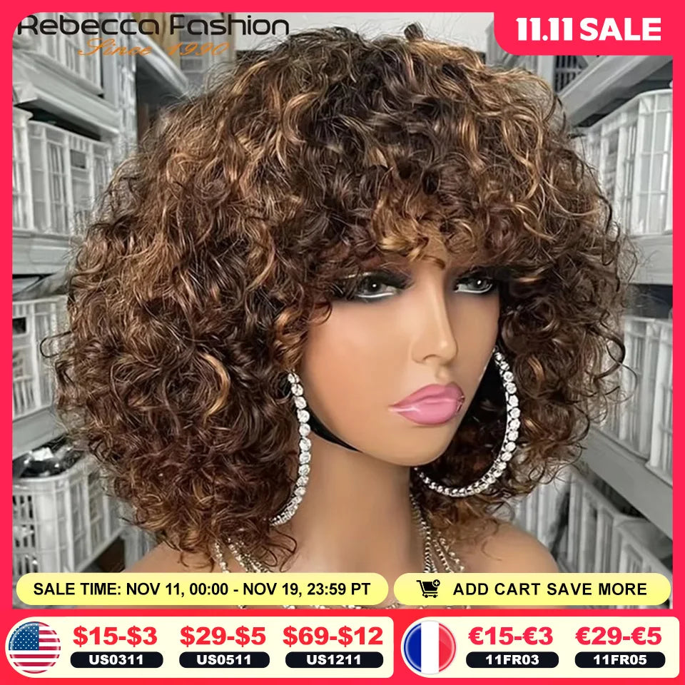Perruques de cheveux humains Pixie Cut Bob avec frange pour femme, perruque pleine machine bouclée, surbrillance, couleur blond miel, court, caution