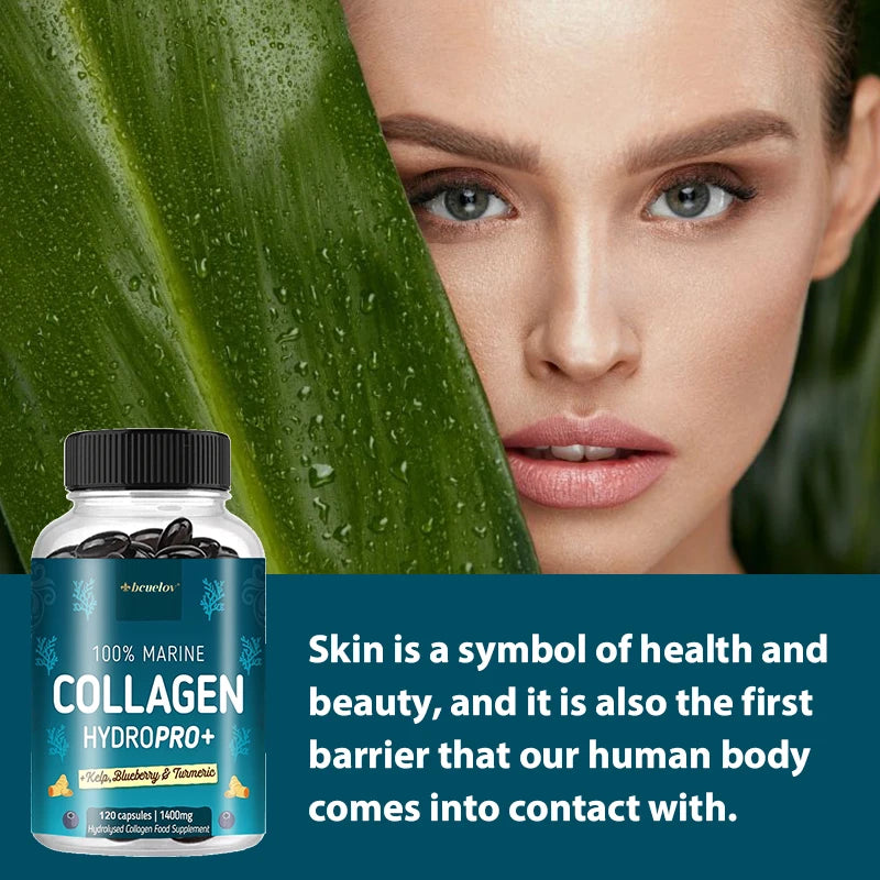 Puissant collagène marin - avec varech, myrtille et curcuma - 1400 mg Supplément de collagène hydrolysé pour cheveux, peau et ongles sains