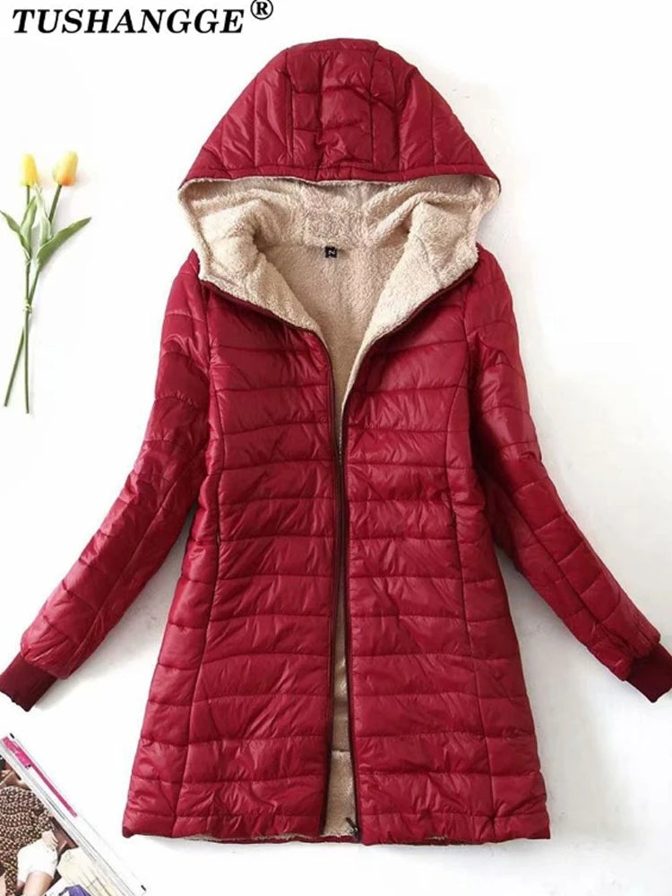 Nouvelle édition coréenne mi-longue à capuche femmes vestes automne hiver mi-longue bureau coton manteaux chaud agneau polaire Parkas