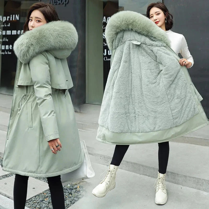 2025 New Women's Winter Parka Coat, Long Wool-Lined Jacket with Hood and Fur Collar, Thick Warm Padded Snowsuit, 6XL