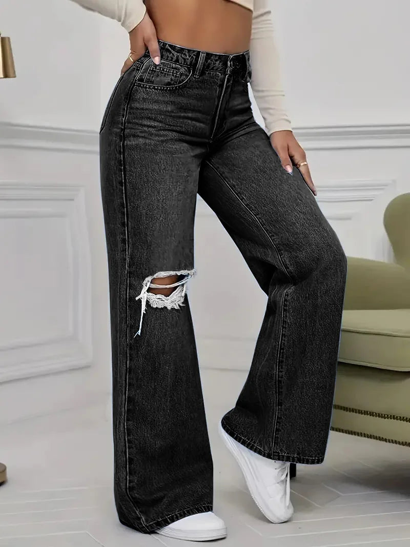Pantalon en Denim à jambes larges pour femmes, ample, taille haute, trou de personnalité délavé, nouvelle mode classique décontractée, longueur au sol, quatre saisons