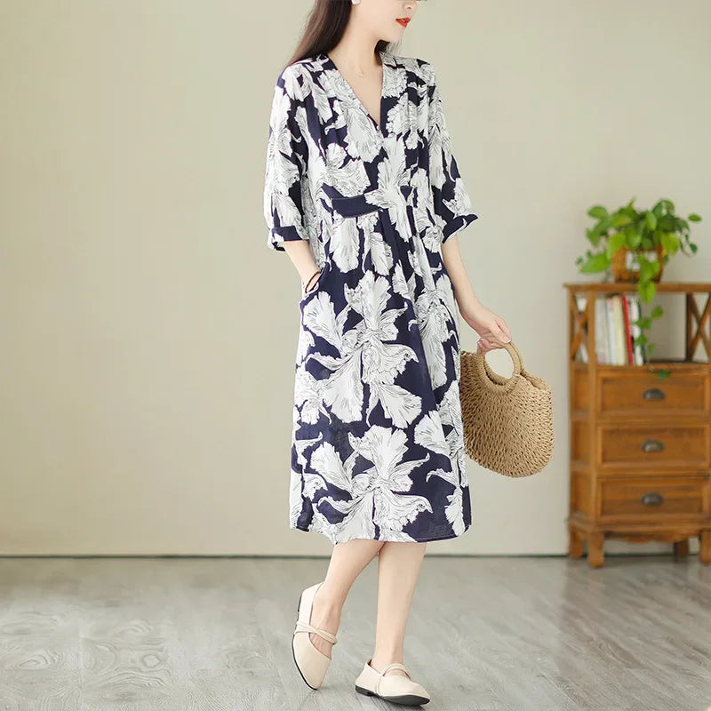 Robe mi-longue amincissante pour femmes, grande taille, imprimé Vintage, ceinture, taille ample, nouveau Style, longueur aux genoux, col en v, Fiber de Polyester, été