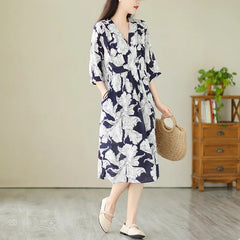 Robe mi-longue amincissante pour femmes, grande taille, imprimé Vintage, ceinture, taille ample, nouveau Style, longueur aux genoux, col en v, Fiber de Polyester, été