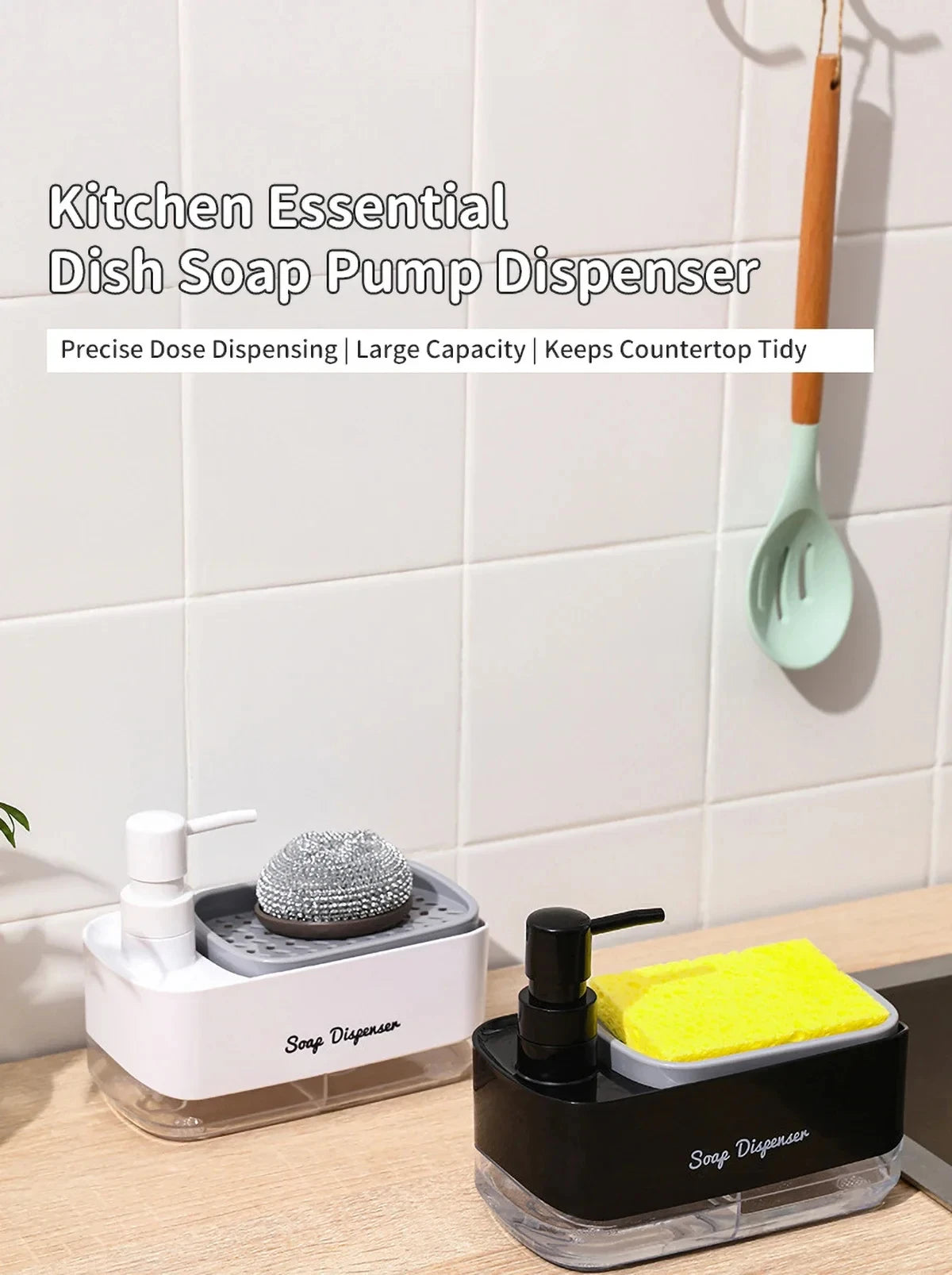 Ensemble distributeur de savon pour les mains et la vaisselle, distributeur de détergent, porte-éponge, pompe à savon de comptoir 2 en 1 pour évier de cuisine