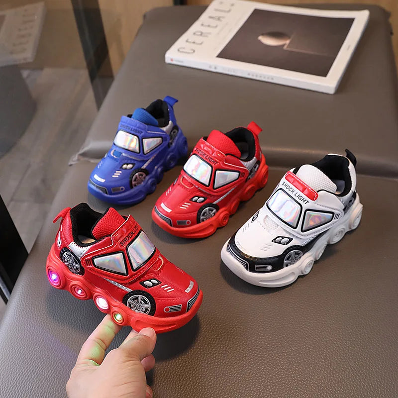 Diseny enfants chaussures décontractées lumière LED voiture Club dessin animé en cuir PU printemps chaussures pour enfants anti-dérapant rouge bleu chaussures taille 21-30