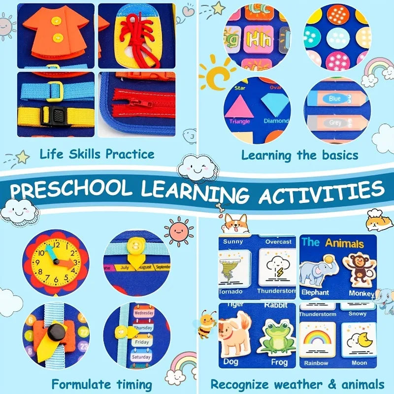 Planche occupée Montessori pour tout-petits, jouet sensoriel, activité de motricité Fine, voyage, apprentissage, cadeau pour garçons et filles, Polyester bleu