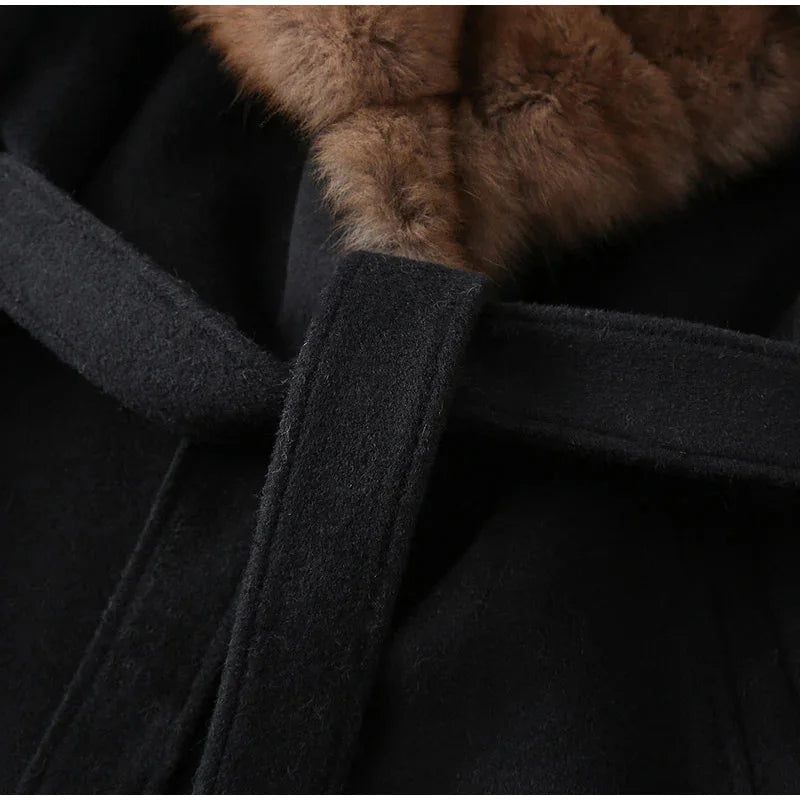 Manteau Long à lacets pour femme, manteau de bureau élégant en laine, fourrure, Patchwork, manches longues, vestes Cardigan amples, nouvelle collection 2025