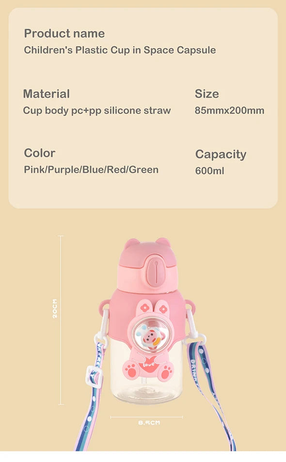 Tasse d'eau d'été Kawaii de 600ML pour enfants, tasse en paille antichute de grande valeur pour garçons et Cirls, bouilloire pour bébé aller à l'école