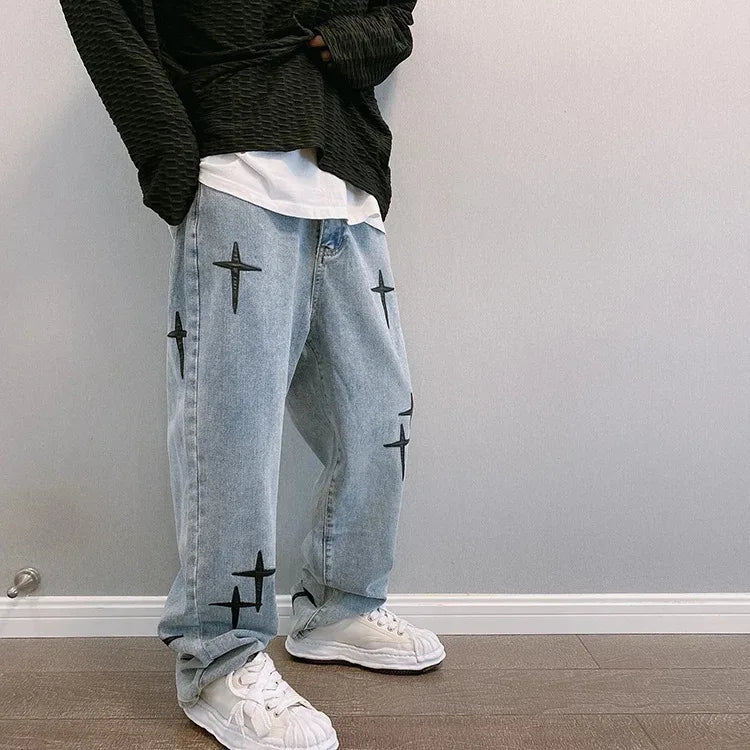 Boyfriend Vintage mode droite décontracté ample Denim Cargo pantalon hommes concepteur imprime étoile jean Streetwear ample jambe large jean