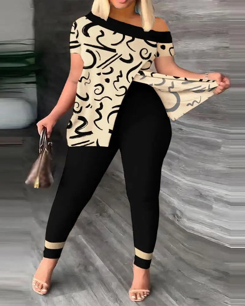 Women's Printed 2 Piece Set, Irregular Slanted Collar Split Top Short Sleeve Long Pants Colorful Outfit Fashion Women Pant Suit