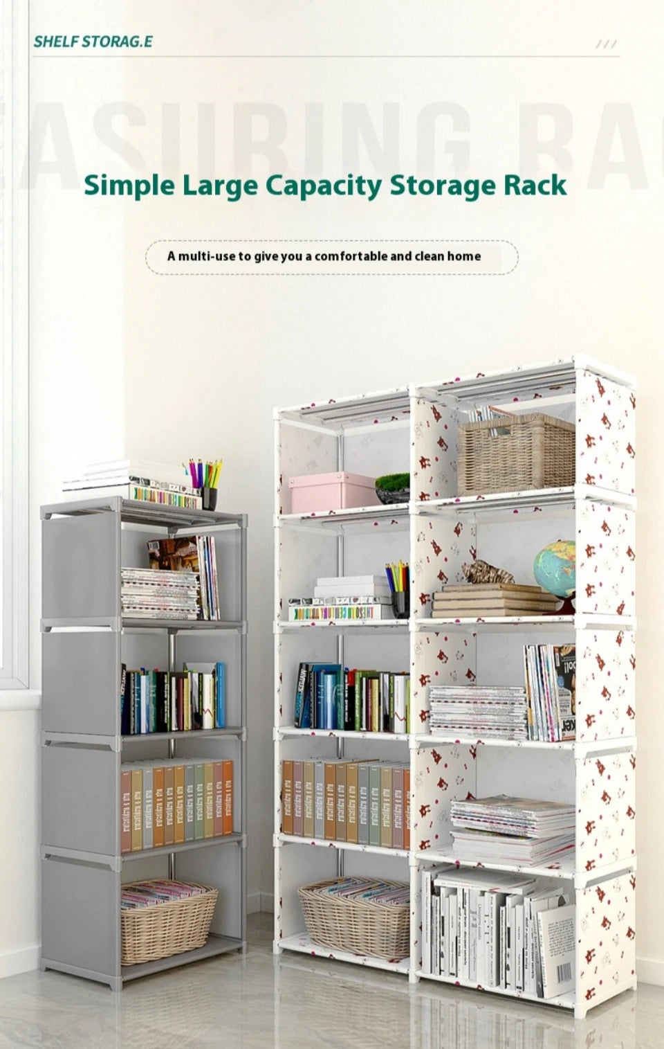Simple storage shelf, multi-layered clutter storage shelf, bookcase organizer, easy assembly for bedroom or bookcase