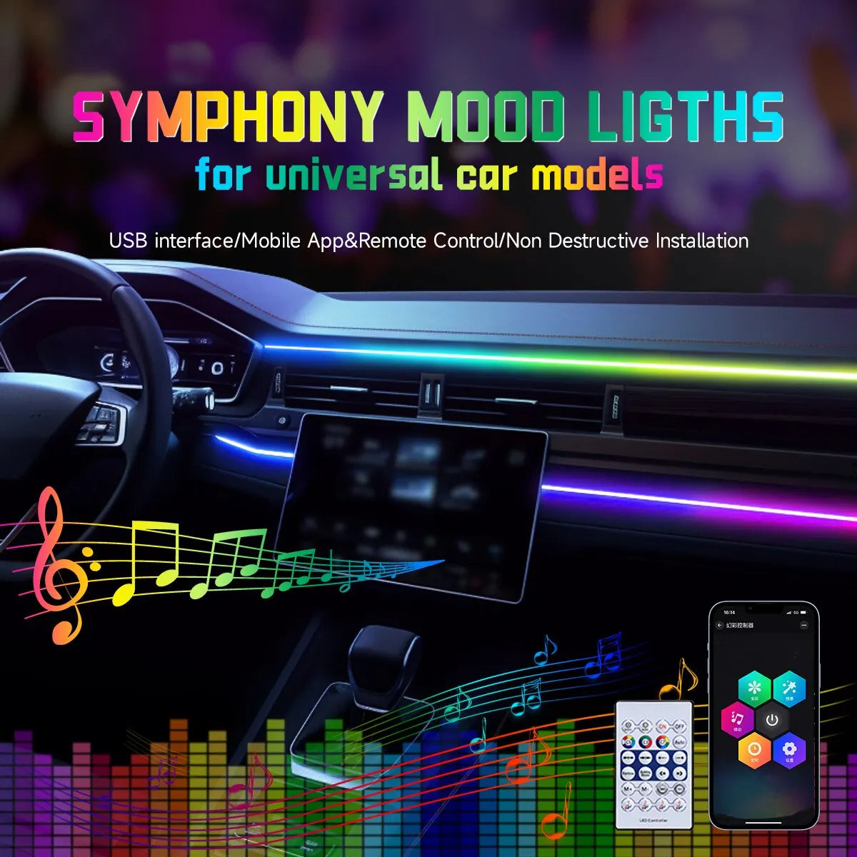 Lumière ambiante LED USB pour voiture, bandes acryliques 64 couleurs, RVB pleine couleur, intérieur de voiture, application cachée, télécommande, lampe de escale, 110cm