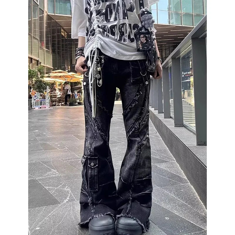 Jean évasé Baggy Y2k pour femmes, pantalon en Denim Patchwork, Style japonais Harajuku des années 2000, Vintage, surdimensionné, Cargo, vêtements