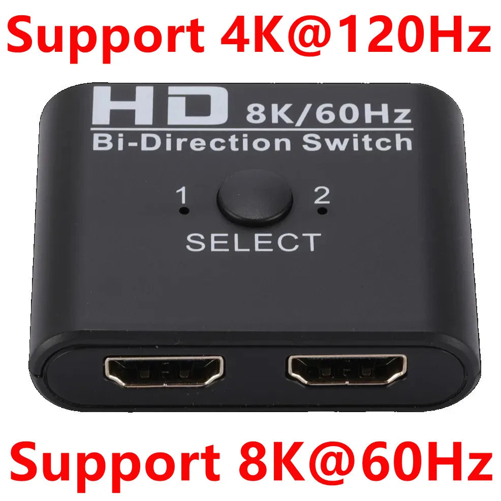 8K 60Hz 4K 120Hz HDMI Switch, 2-Port Bidirectional HDMI Splitter Switch for Laptop, Xbox, PS3/4, TV Box, and Projector/TV Monitoring