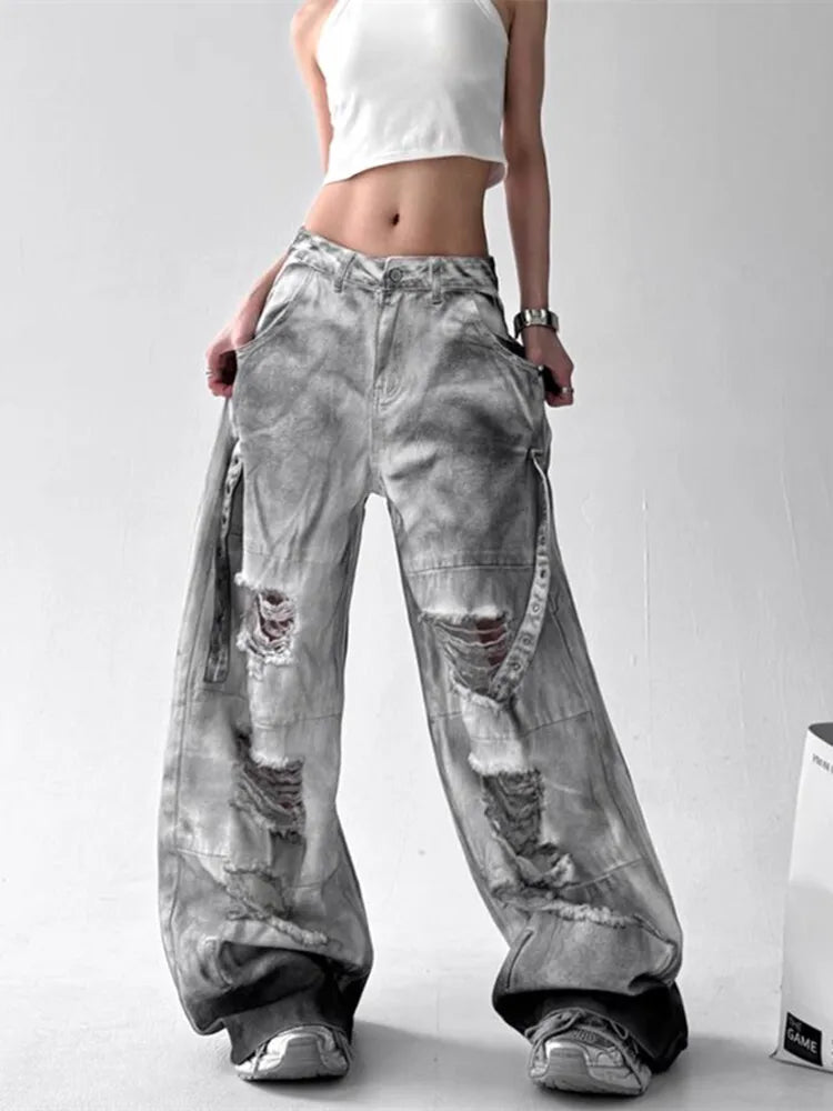 Femmes jean pantalon américain haute rue déchiré droit jambe large jean pour femmes conception cravate-teinture Jazz danse Cargo pleine mince jean