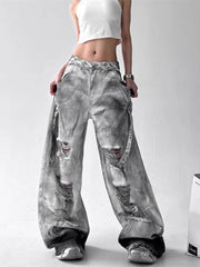 Femmes jean pantalon américain haute rue déchiré droit jambe large jean pour femmes conception cravate-teinture Jazz danse Cargo pleine mince jean