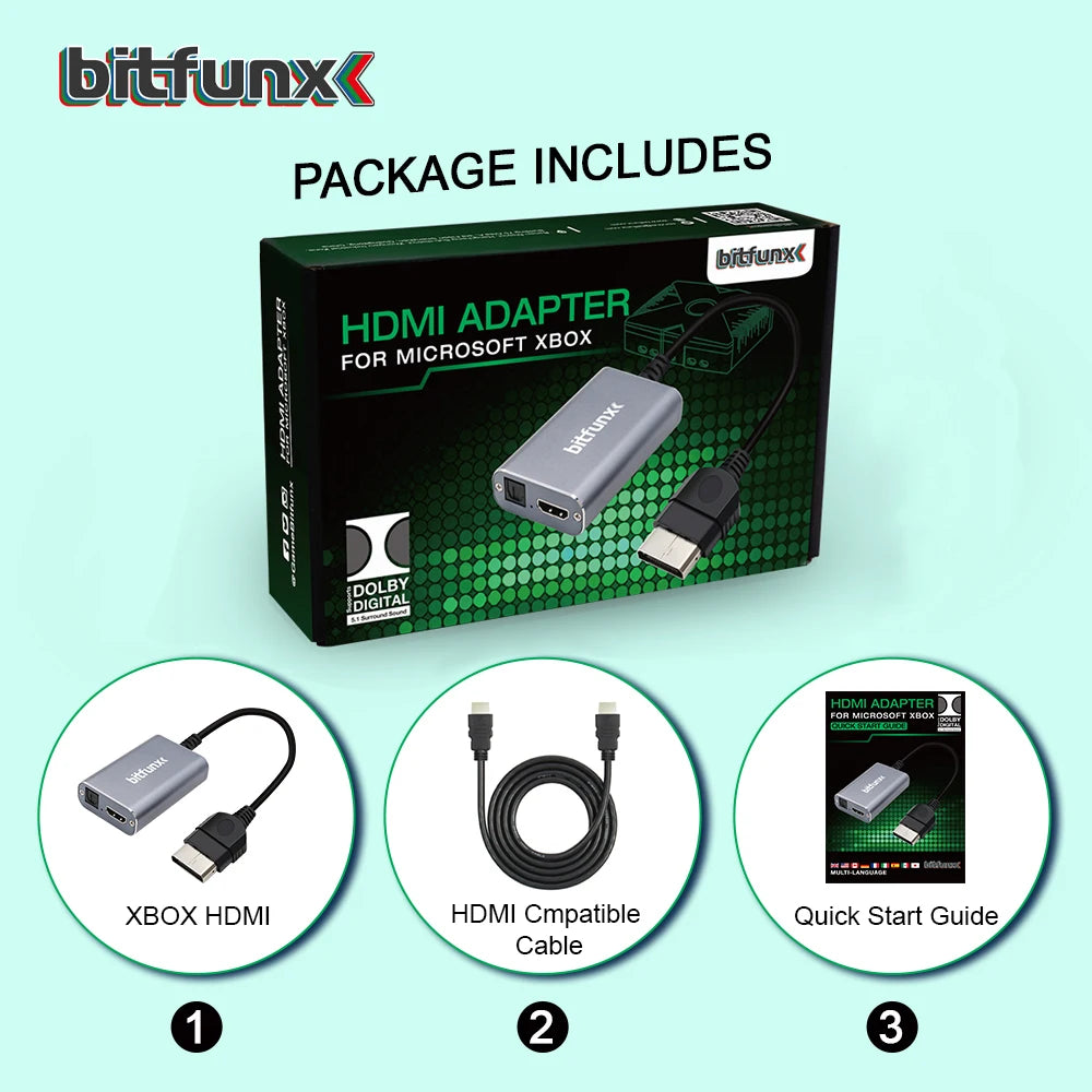 Adaptateur HDMI Bitfunx pour consoles de jeu rétro classiques XBOX, câble HD, accepte le son Surround numérique Dolby 5.1