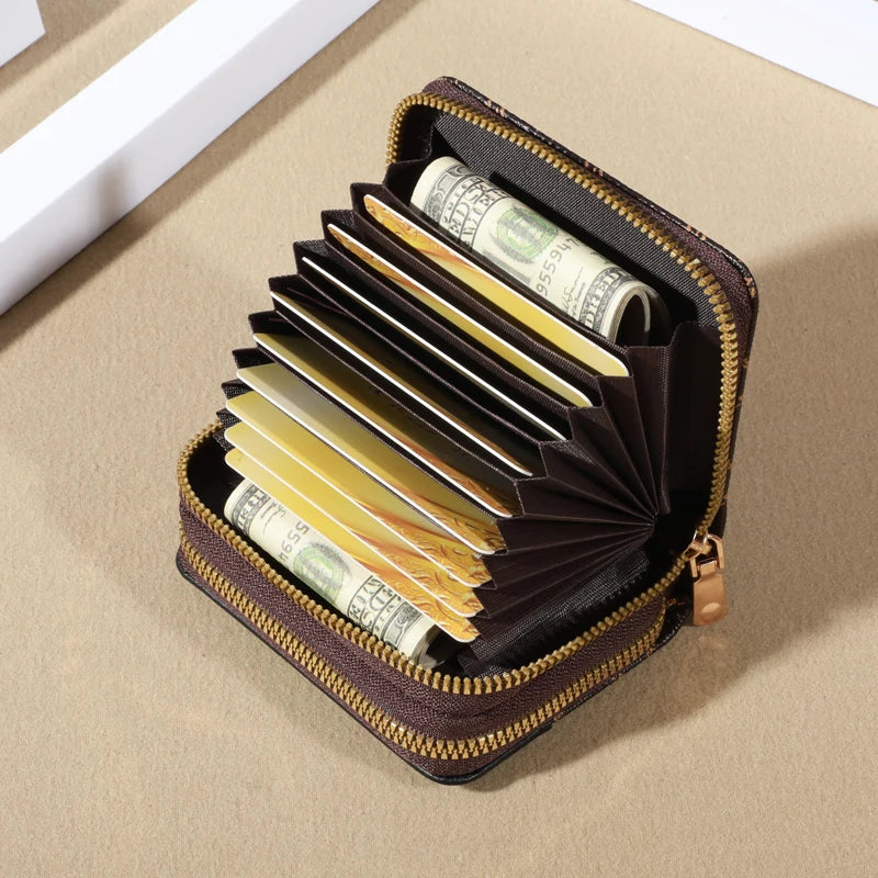 Mini faux leather wallet with double zipper, compact classic pouch, multiple card slots, matching pocket, RFID protection, chic 