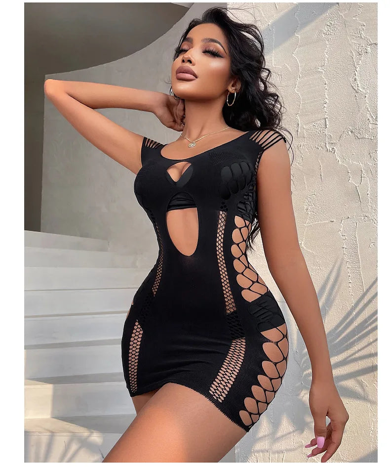 Sexy femmes résille licou robe dos nu coupe basse serré crayon robe mignonne grande taille Mini robe boîte de nuit robe de danse Beatchwear