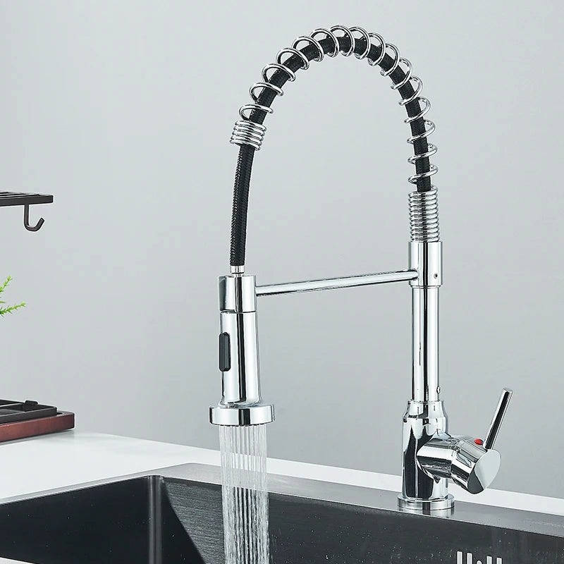 Robinets de cuisine extractibles à ressort, tête de pulvérisation, robinet d'eau chaude et froide, Rotation en acier inoxydable, mitigeur de cuisine, grue