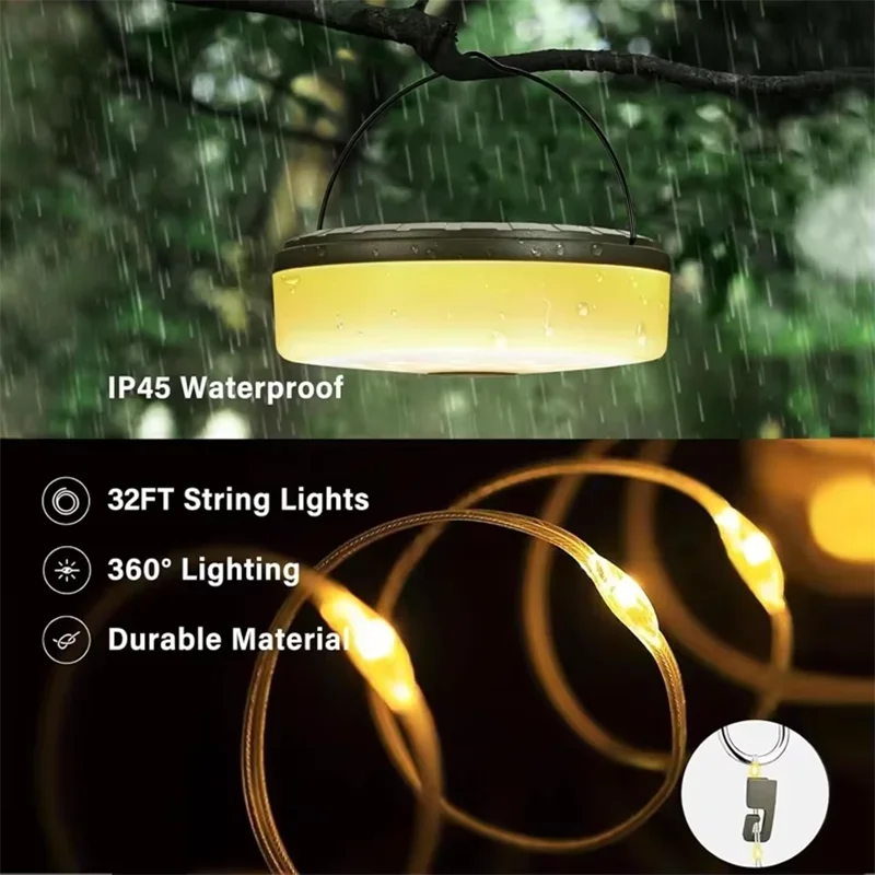 Solar lights, outdoor camping light, 10-meter string light, outdoor tent light, RGB atmosphere light, LED flashlight with hook