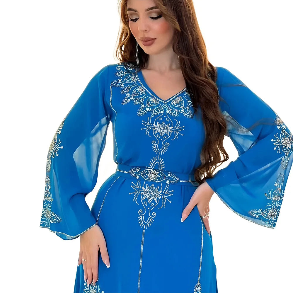 Eid Jalabiya - Women's Muslim Evening Dress, Diamond Lace-Up Arabic Abayas, Long Dresses, Elegant Dress, Educational Dress for Ramadan