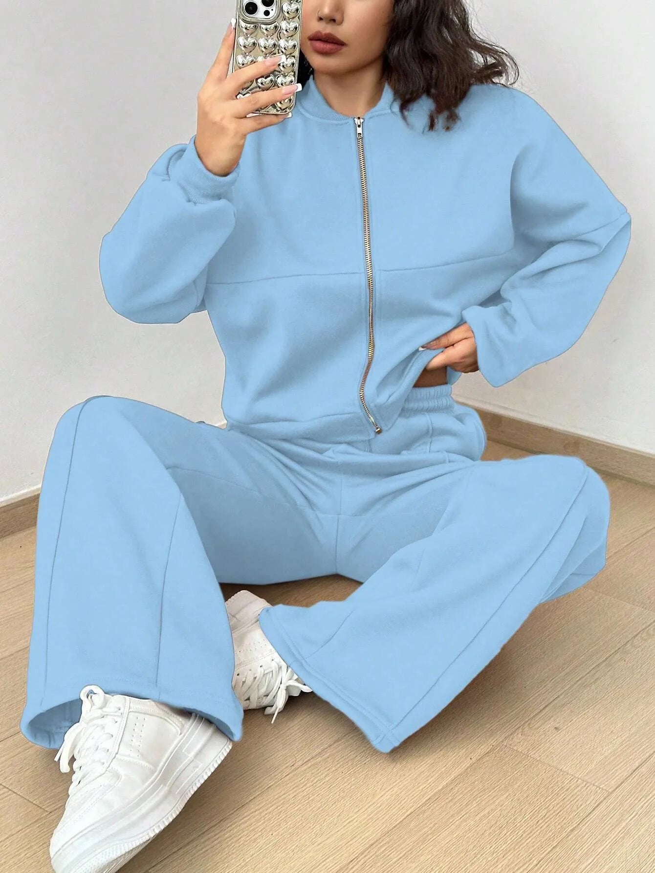 Women's two-piece casual set, solid color, sweatshirt, long sleeves, zip-up coat, long pants, pockets, elegant, autumn/winter 2025