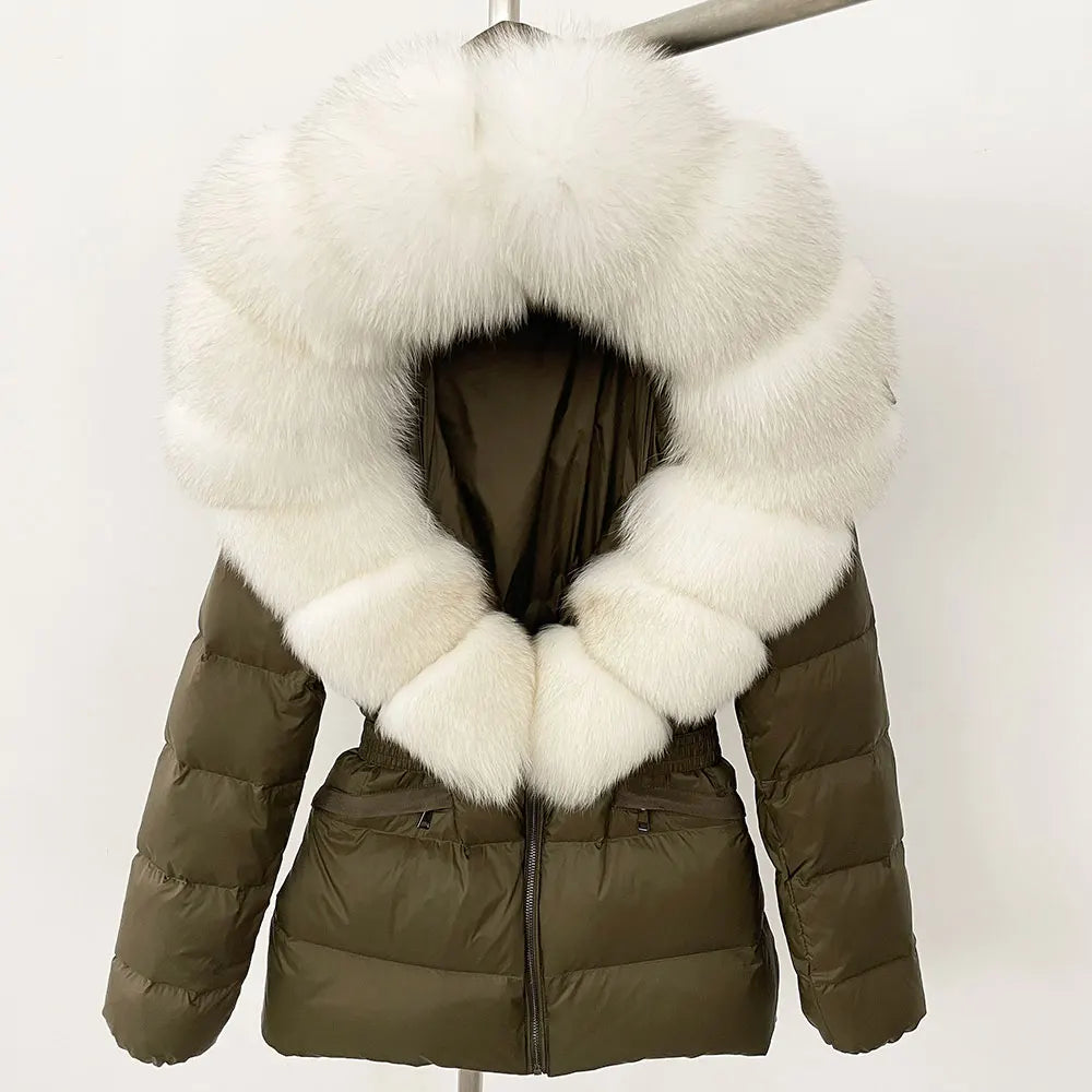 OFTBUY 2024 veste d'hiver femmes naturel réel raton laveur col de fourrure de renard à capuche blanc canard vers le bas manteau ceinture épais chaud vêtements d'extérieur décontractés