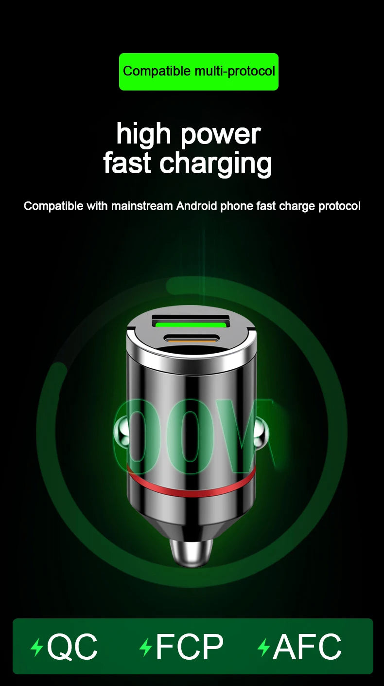 Smart car charger with mini rib ring, USB + PD port, GNE charger, PD30W